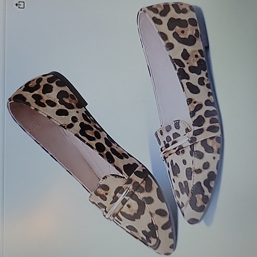 Obtaom Leopard print pointed toe loafer faux suede ballet flat gold trim 10 New…